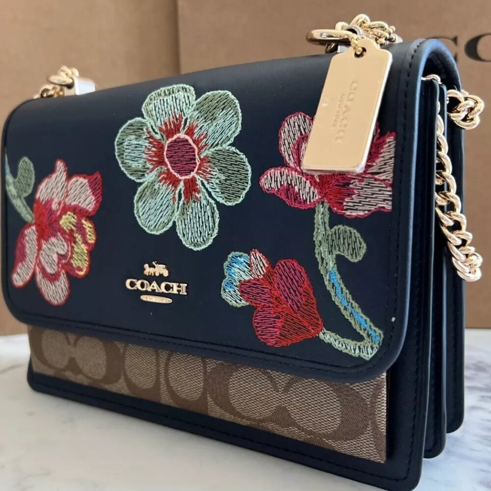 COACH Embroidered Navy Leather Dreamy Floral Klare Gold Accents & Strap NWT - Picture 2 of 12